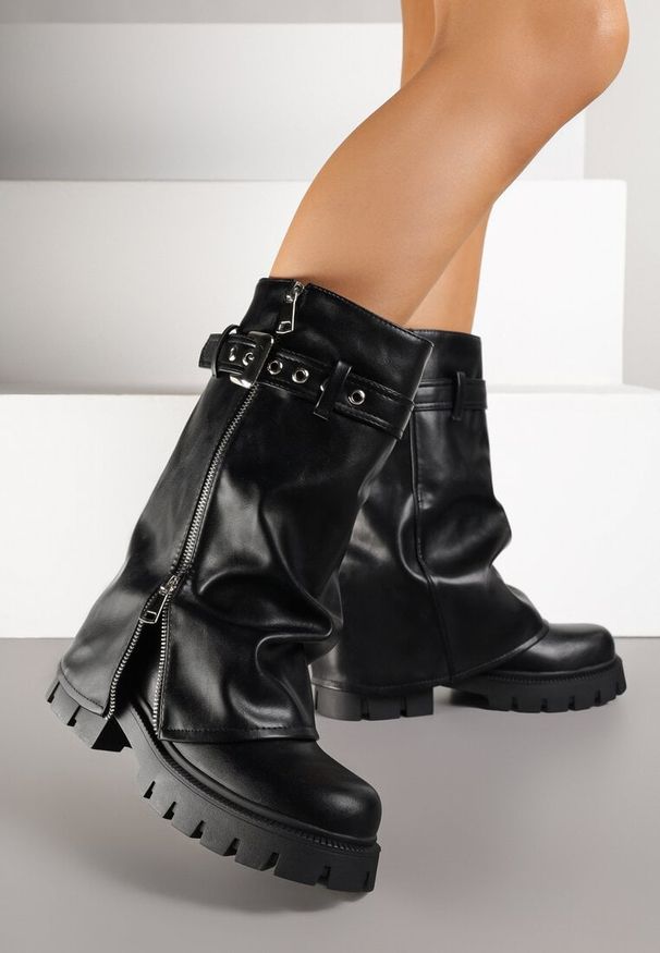 Renee - Czarne Botki Workery z Wywiniętą Cholewką Ozdobione Suwakiem i Klamrą Lelune. Okazja: na co dzień, na imprezę. Zapięcie: klamry. Kolor: czarny. Materiał: skóra. Szerokość cholewki: normalna. Wzór: aplikacja. Styl: casual, elegancki