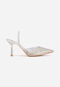 Renee - Srebrne Szpilki z Odkrytą Piętą i Transparentnym Noskiem z Cyrkoniami Kalinata. Okazja: na co dzień. Kolor: srebrny. Materiał: jeans, koronka. Wzór: aplikacja. Obcas: na szpilce. Styl: casual, klasyczny, wizytowy #6