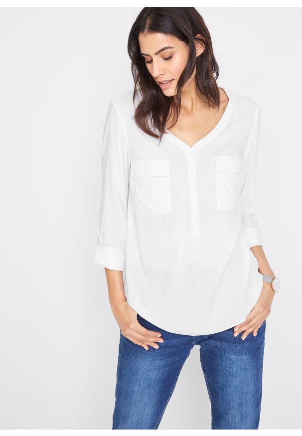 bonprix - Bluzka z wiskozy z dekoltem w serek, długi rękaw. Typ kołnierza: dekolt w serek. Kolor: biały. Materiał: wiskoza. Długość rękawa: długi rękaw. Długość: długie