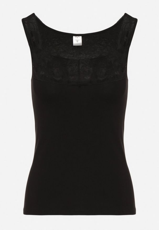 Born2be - Czarny Top z Bawełny Ozdobiony Koronkową Wstawką Arithara. Okazja: na co dzień. Kolor: czarny. Materiał: bawełna, koronka. Wzór: aplikacja. Styl: casual, elegancki, klasyczny