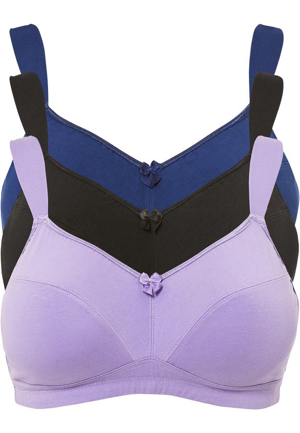 bonprix - Biustonosz bez fiszbinów z bawełną (3 sztuki). Kolor: fioletowy. Materiał: bawełna. Wzór: aplikacja