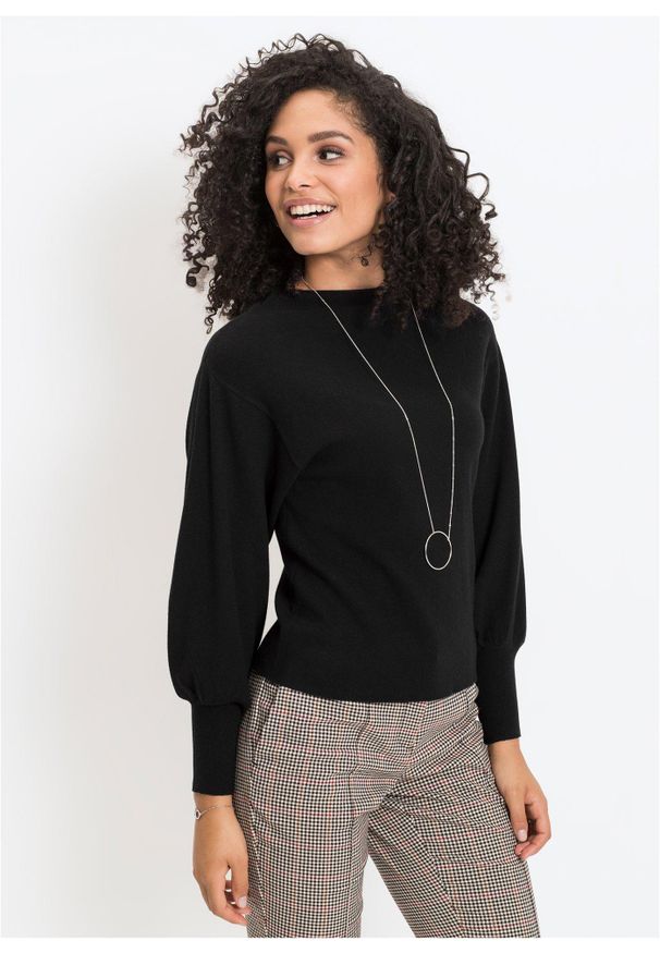 bonprix - Sweter oversize z mieszanki wiskozy. Typ kołnierza: kołnierzyk stójkowy. Kolor: czarny. Materiał: dzianina, wiskoza. Styl: elegancki