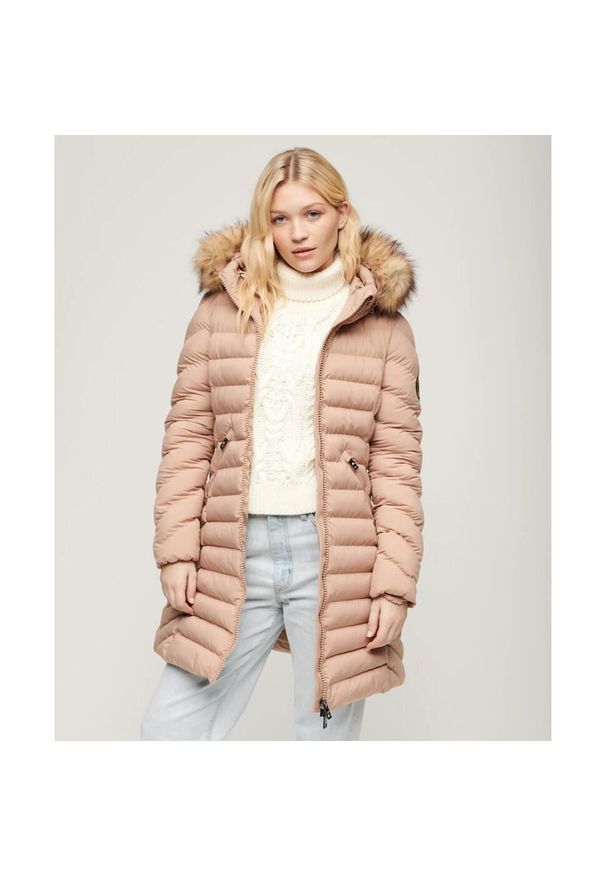 Średnia kurtka damska Superdry Fuji Faux Fur. Kolor: beżowy. Materiał: puch. Długość rękawa: długi rękaw. Sezon: zima