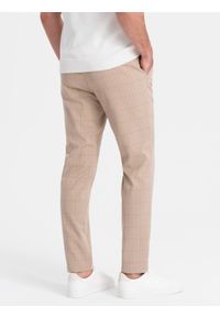 Ombre Clothing - Męskie spodnie o klasycznym kroju w delikatną kratę - piaskowe V2 OM-PACP-0187 - XXL. Materiał: poliester, materiał, wiskoza. Styl: klasyczny