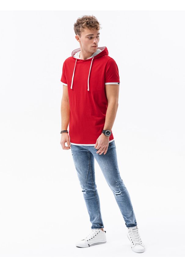 Ombre Clothing - T-shirt męski z kapturem bez nadruku S1376 - czerwony - XXL. Okazja: na co dzień. Typ kołnierza: kaptur. Kolor: czerwony. Materiał: bawełna, jersey, dzianina. Styl: klasyczny, casual