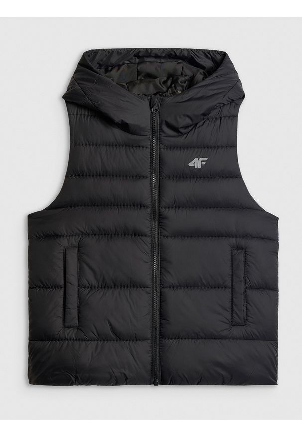 4f - 4F Bezrękawnik z wypełnieniem syntetycznym chłopięcy - czarny 146 (10-11 lat). Okazja: na spacer, na co dzień, na uczelnię. Typ kołnierza: kołnierzyk stójkowy. Kolor: czarny. Materiał: syntetyk. Długość rękawa: bez rękawów. Sezon: lato. Styl: casual