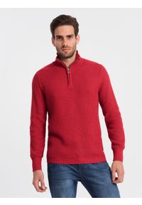 Ombre Clothing - Męski dzianinowy sweter z rozpinaną stójką - czerwony V8. Typ kołnierza: kołnierzyk stójkowy. Kolor: czerwony. Materiał: dzianina #2