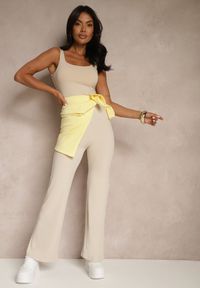 Renee - Beżowe Legginsy High Waist z Szeroką Gumką w Pasie Idalania. Okazja: na co dzień. Stan: podwyższony. Kolor: beżowy. Styl: elegancki, casual #3