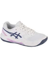 Buty do tenisa damskie Asics Gel Dedicate 8. Kolor: biały, niebieski, wielokolorowy. Materiał: syntetyk, materiał. Szerokość cholewki: normalna. Sport: tenis