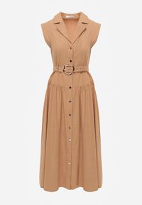 Renee - Beżowa Bawełniano-Wiskozowa Sukienka Koszulowa Bez Rękawów z Paskiem Athithoe. Okazja: na co dzień. Kolor: beżowy. Materiał: wiskoza, bawełna. Długość rękawa: bez rękawów. Typ sukienki: koszulowe. Styl: casual, elegancki #7