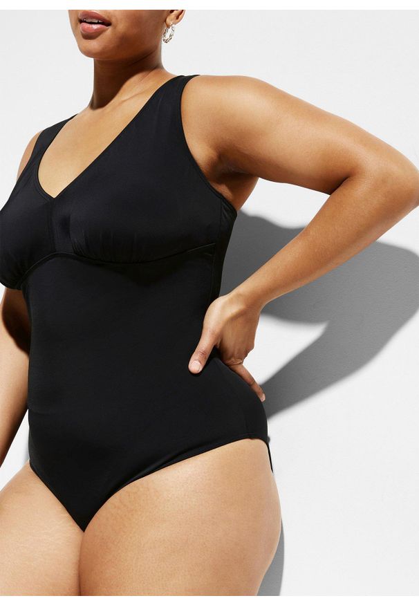 bonprix - Mocno modelujący kostium kąpielowy z dekoltem w serek. Kolor: czarny