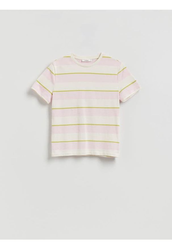 Reserved - Bawełniany t-shirt w paski - różowy. Kolor: różowy. Materiał: bawełna. Wzór: paski