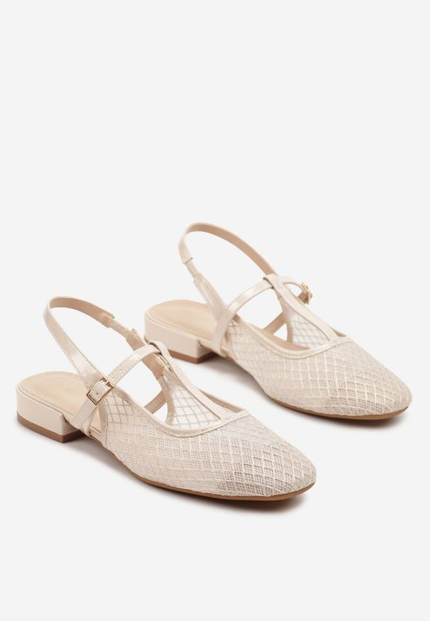 Renee - Beżowe Sandały Vices Lakierowane Slingback z Siateczkową Cholewką Mairelite. Okazja: na co dzień. Zapięcie: sprzączka. Kolor: beżowy. Materiał: lakier. Sezon: lato. Styl: casual