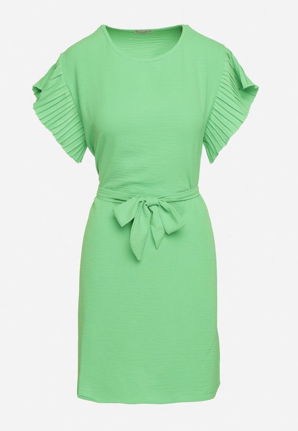 Born2be - Jasnozielona Mini Sukienka Rozkloszowana z Paskiem w Talii i Ozdobnym Rękawem Allairi. Okazja: na imprezę. Kolor: zielony. Sezon: lato. Długość: mini