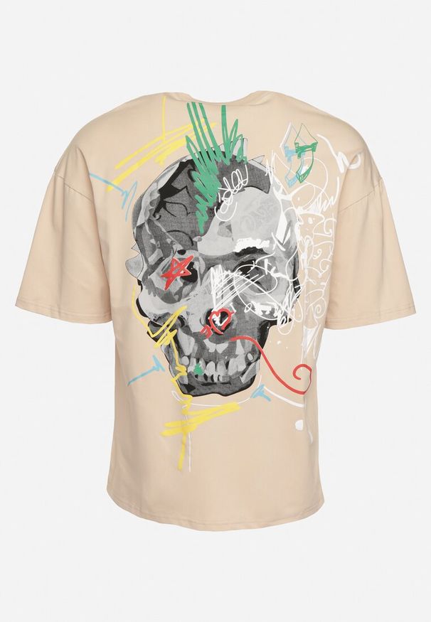 Born2be - Beżowa Koszulka z Krótkim Rękawem T-Shirt z Nadrukiem z Przodu i na Plecach Franestia. Okazja: na co dzień. Kolor: beżowy. Materiał: jeans. Długość rękawa: krótki rękaw. Długość: krótkie. Wzór: nadruk. Styl: casual, elegancki