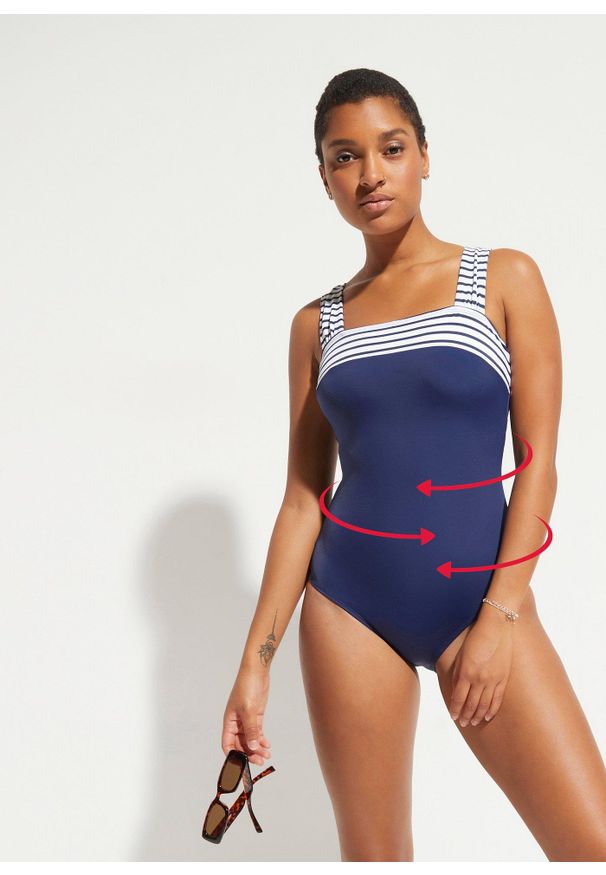 bonprix - Kostium kąpielowy, średni stopień modelowania sylwetki, na szerokich ramiączkach. Kolor: niebieski. Materiał: materiał