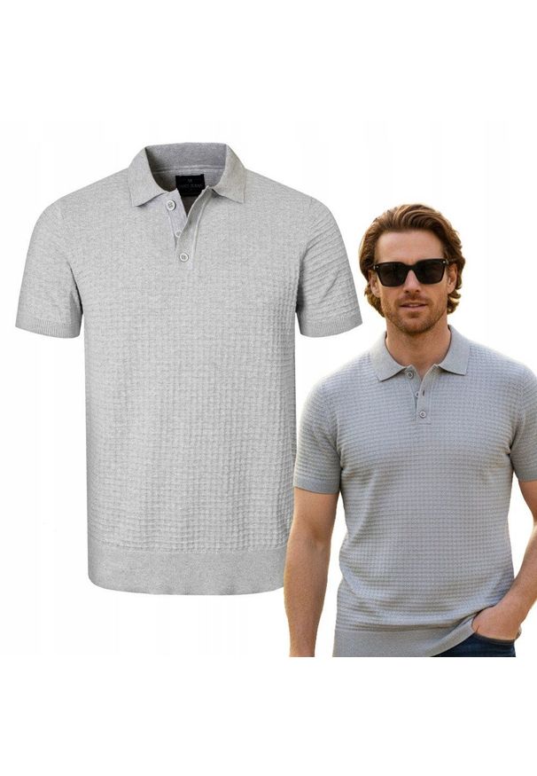 Dzianinowa Koszulka Polo - Pako Jeans - Popielata, Faktura Materiału. Okazja: na co dzień. Typ kołnierza: polo. Kolor: szary. Materiał: bawełna. Wzór: ze splotem. Styl: casual