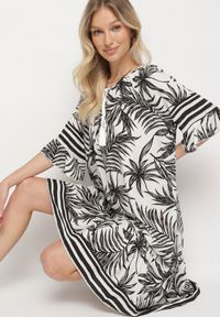Born2be - Biała Sukienka o Pudełkowym Kroju z Wiązaniem przy Dekolcie w Roślinny Wzór Mirionela. Kolor: biały. Długość rękawa: krótki rękaw #5