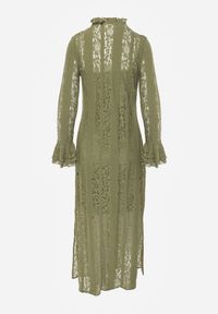 Renee - Zielona Taliowana Sukienka z Koronki Zdobiona Wiązaniem przy Szyi Terienna. Okazja: na imprezę. Kolor: zielony. Materiał: koronka. Długość rękawa: na ramiączkach. Wzór: aplikacja, koronka. Sezon: lato. Typ sukienki: oversize #6