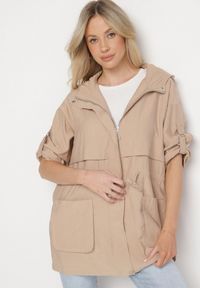 Born2be - Jasnobeżowa Kurtka Parka z Nieodpinanym Kapturem i Troczkiem w Pasie Mevarie. Kolor: beżowy. Materiał: tkanina #7