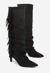 Born2be - Czarne Marszczone Kozaki z Imitacji Zamszu na Niskiej Szpilce z Frędzlami Linonra. Okazja: na randkę. Zapięcie: bez zapięcia. Kolor: czarny. Materiał: zamsz. Wzór: aplikacja. Sezon: zima, jesień. Styl: klasyczny, elegancki #4