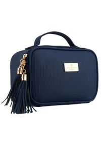 Granatowa kosmetyczka z tkaniny syntetycznej wyposażona w cztery przegródki, jednokomorowa - Peterson. Kolor: niebieski. Materiał: tkanina, syntetyk #1