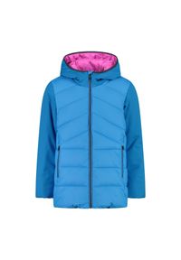 Dziewczęca długa kurtka z kapturem CMP. Typ kołnierza: kaptur. Kolor: niebieski, wielokolorowy, różowy. Materiał: puch. Długość: długie #1