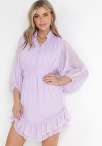 Born2be - Fioletowa Taliowana Sukienka Mini z Rękawami 3/4 i Falbanką Serafilla. Kolor: fioletowy. Materiał: tkanina. Sezon: wiosna, lato. Długość: mini #4