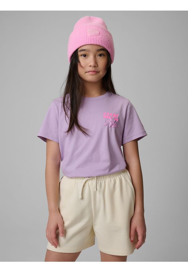 4f - 4F T-shirt regular z nadrukiem dziewczęcy - fioletowy 158 (12-13 lat). Okazja: na co dzień. Kolor: fioletowy. Materiał: dzianina, bawełna. Wzór: nadruk. Sezon: lato. Styl: casual