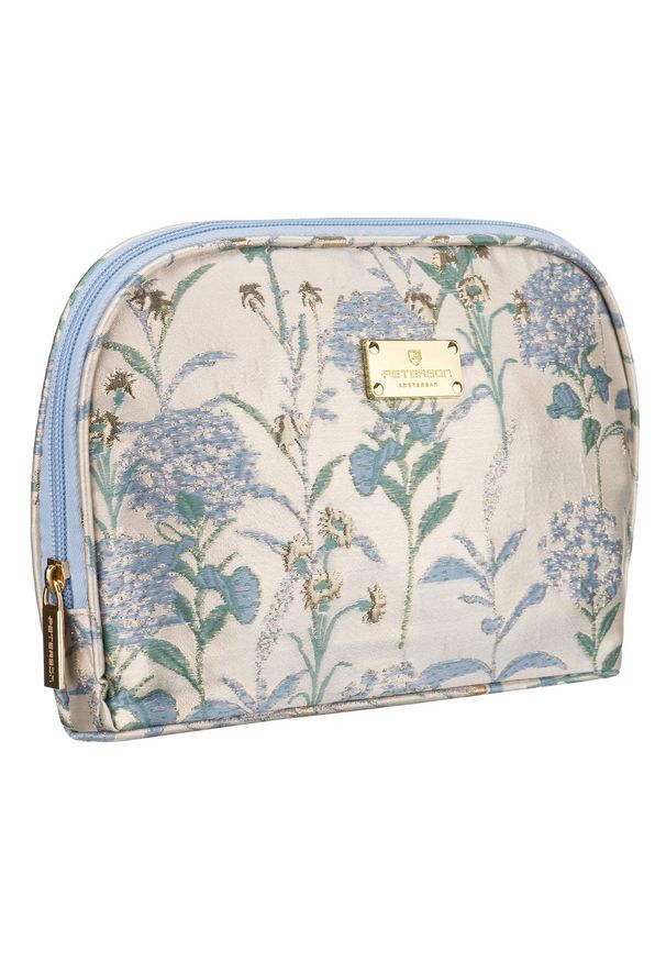 Błękitno-beżowa kosmetyczka podróżna z materiału syntetycznego zdobiona kwiatami - Peterson. Kolor: niebieski, beżowy, wielokolorowy. Materiał: syntetyk, materiał. Wzór: aplikacja, kwiaty
