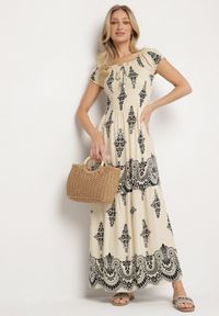 Born2be - Beżowa Wiskozowa Sukienka z Marszczoną Góra i Wzorem Boho Ellifae. Okazja: na co dzień. Kolor: beżowy. Materiał: wiskoza. Wzór: aplikacja. Styl: boho #3