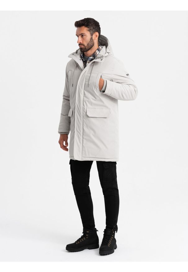 Ombre Clothing - Długa klasyczna męska kurtka typu parka – kremowa V1 - Rozmiar: XL. Typ kołnierza: kaptur. Kolor: kremowy. Materiał: guma, syntetyk, poliester, materiał. Długość: długie. Wzór: gładki, aplikacja. Styl: klasyczny