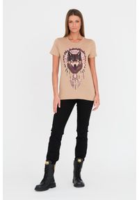 Guess - GUESS Brązowy damski t-shirt bawełniany z wilkiem, Rozmiar S. Kolor: brązowy. Materiał: bawełna. Wzór: nadruk #6