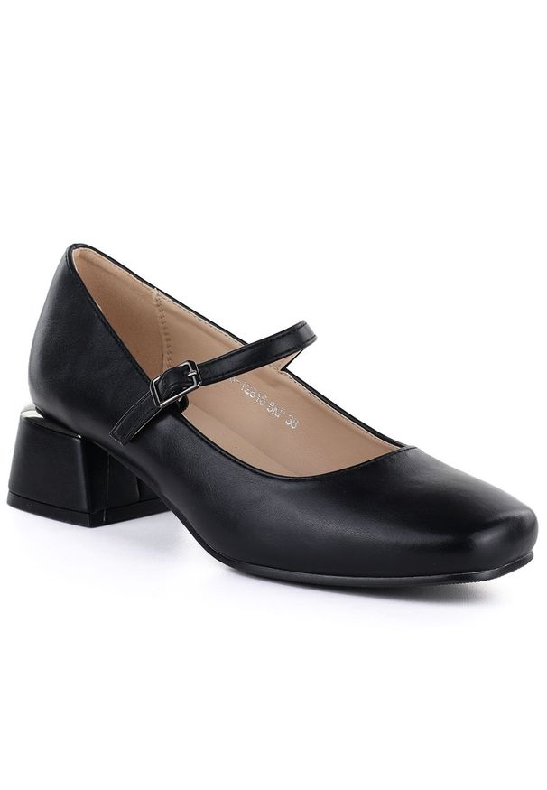 POTOCKI - Półbuty damskie na klocku z paskiem czarne Potocki 12815. Zapięcie: pasek. Kolor: czarny. Materiał: skóra ekologiczna. Styl: elegancki