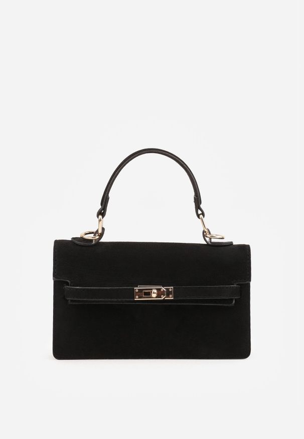 Born2be - Czarna Elegancka Torebka Kuferek z Imitacji Zamszu z Dodatkowym Łańcuszkiem Epona. Kolor: czarny. Materiał: zamszowe. Styl: elegancki. Rodzaj torebki: na ramię