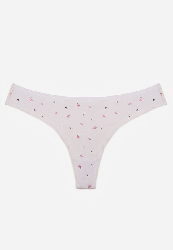 Born2be - Białe Majtki Stringi z Bawełną w Kwiaty Calylia. Kolor: biały. Materiał: bawełna. Wzór: kwiaty