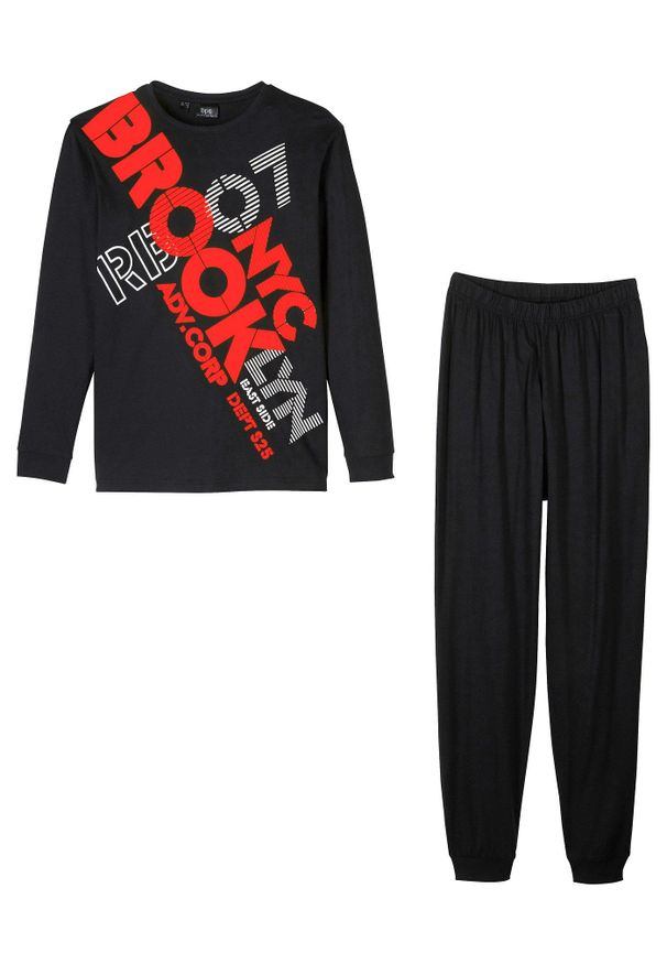 bonprix - Piżama z czystej bawełny organicznej (2 części). Kolor: czarny. Materiał: bawełna. Długość: długie. Wzór: nadruk, napisy