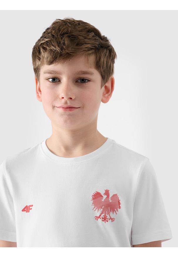 4f - 4F Koszulka kibica dziecięca - biała 146 (10-11 lat). Okazja: na co dzień. Kolor: biały. Materiał: bawełna, dzianina, jersey. Wzór: napisy, gładki, ze splotem, nadruk. Sezon: lato. Styl: klasyczny, casual, sportowy