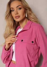 Renee - Fuksjowy Komplet Dresowy w Prążki Bluza Kurtka Rozpinana z Kołnierzykiem i Spodnie Lisulla. Kolor: różowy. Materiał: dresówka. Wzór: prążki. Sport: turystyka piesza #3