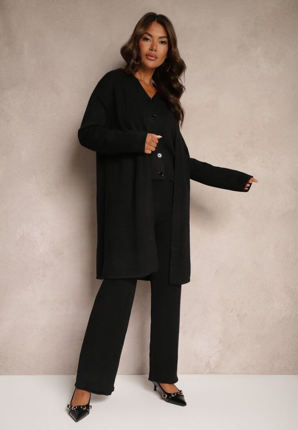 Renee - Czarny Komplet Dzianinowy z Wełną Spodnie Długi Kardigan i Top na Guziki Dailith. Kolor: czarny. Materiał: dzianina, wełna. Wzór: aplikacja