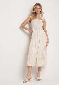 Born2be - Beżowa Wiskozowa Sukienka na Ramiączkach Zdobiona Metaliczną Nicią Iffrisse. Okazja: na co dzień. Kolor: beżowy. Materiał: wiskoza. Długość rękawa: na ramiączkach. Wzór: aplikacja. Styl: casual #1