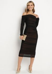 Born2be - Czarno-Brązowa Marszczona Sukienka Siateczkowa Hiszpanka z Wywiniętym Dekoltem Tinaveris. Typ kołnierza: dekolt hiszpanka. Kolor: czarny. Długość rękawa: długi rękaw. Sezon: lato. Styl: klasyczny, elegancki #7