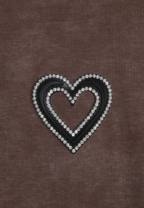 Born2be - Brązowy Bawełniany T-shirt z Cyrkoniowym Sercem Arielin. Okazja: na co dzień. Kolor: brązowy. Materiał: bawełna. Wzór: aplikacja. Styl: casual, klasyczny, sportowy