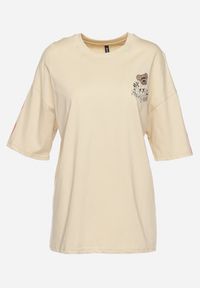 Born2be - Beżowy Bawełniany T-shirt o Fasonie Oversize z Nadrukiem Misia Nellene. Kolor: beżowy. Materiał: bawełna. Wzór: nadruk #6