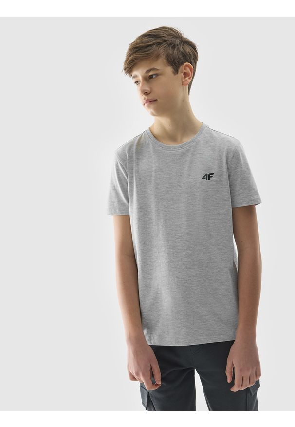 4f - 4F T-shirt gładki chłopięcy - szary 122 (6-7 lat). Okazja: na co dzień. Kolor: szary. Materiał: dzianina, materiał, bawełna, wiskoza, jersey. Długość rękawa: krótki rękaw. Długość: krótkie. Wzór: gładki. Sezon: lato. Styl: casual, sportowy
