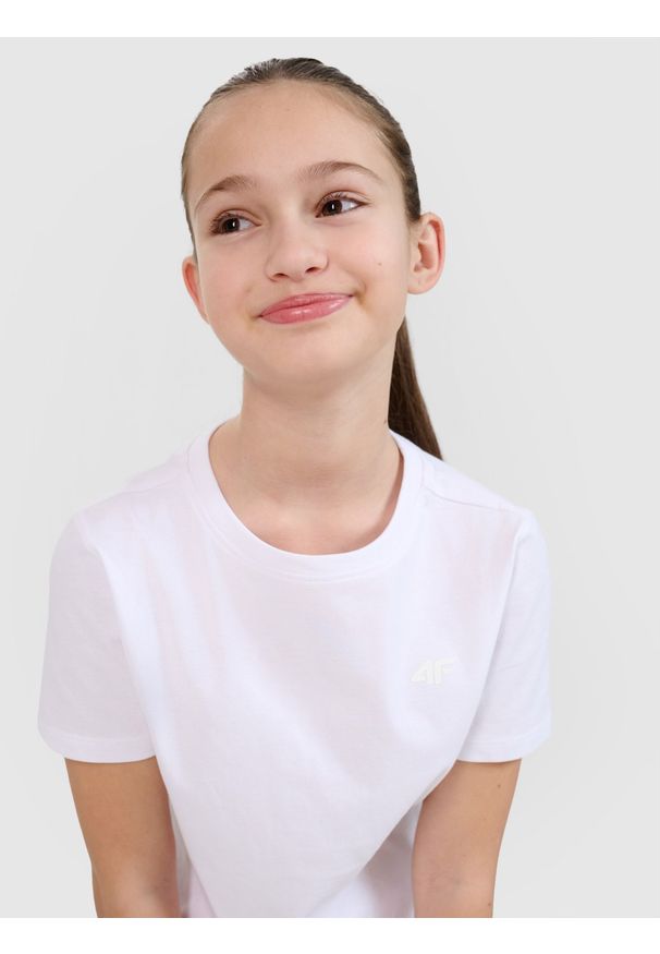 4f - 4F T-shirt regular gładki dziewczęcy - biały 134 (8-9 lat). Okazja: na co dzień. Kolor: biały. Materiał: bawełna, dzianina, jersey. Długość rękawa: krótki rękaw. Długość: krótkie. Wzór: gładki. Sezon: lato. Styl: klasyczny, casual, sportowy
