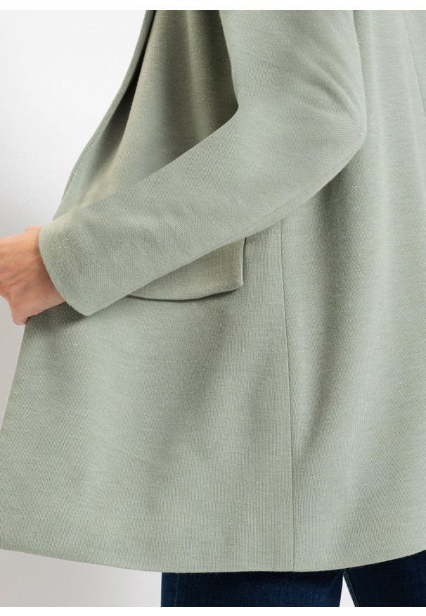 bonprix - Długi żakiet z dżerseju z kieszeniami. Kolor: zielony. Materiał: jersey. Długość: długie