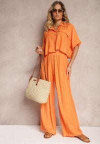 Renee - Pomarańczowy 2-Częściowy Komplet z Wiskozy Koszula o Luźnym Kroju Szerokie Spodnie Velvitela. Kolor: pomarańczowy. Materiał: wiskoza. Wzór: bez wzorów #1