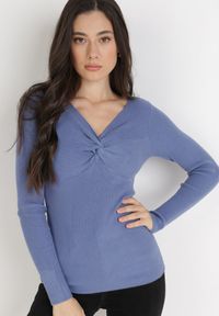 Born2be - Niebieski Sweter Ampippe. Kolor: niebieski. Materiał: dzianina, prążkowany. Długość rękawa: długi rękaw. Długość: długie. Wzór: jednolity, aplikacja #3