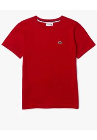 Lacoste - LACOSTE - Czerwony t-shirt z haftowanym logo. Kolor: czerwony. Materiał: prążkowany, jersey, bawełna. Wzór: haft